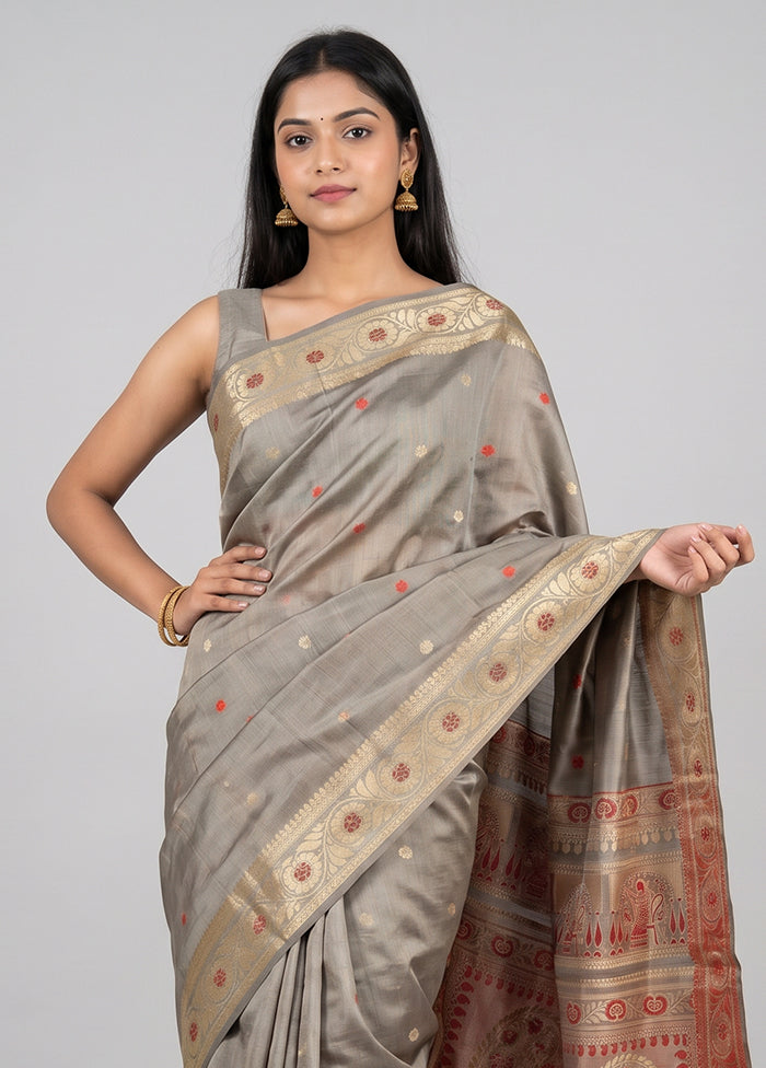 Grey Handloom Baluchari Pure Silk Saree With Blouse Piece