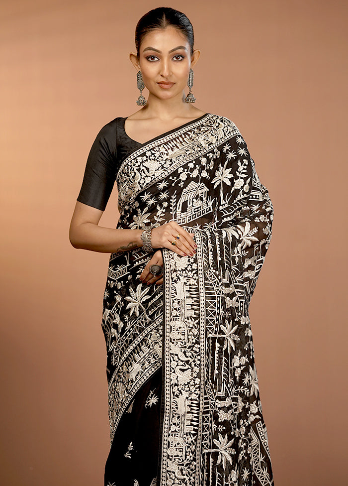 Black Handloom Pure Georgette Saree With Blouse Piece