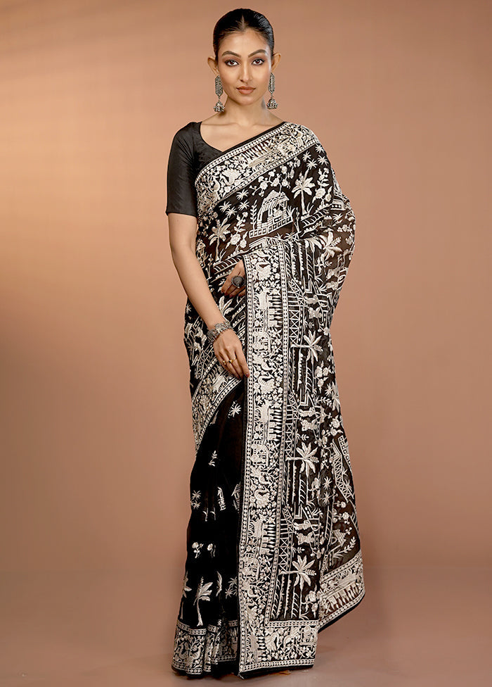Black Handloom Pure Georgette Saree With Blouse Piece