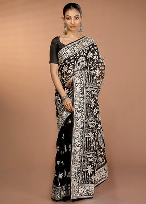 Black Handloom Pure Georgette Saree With Blouse Piece