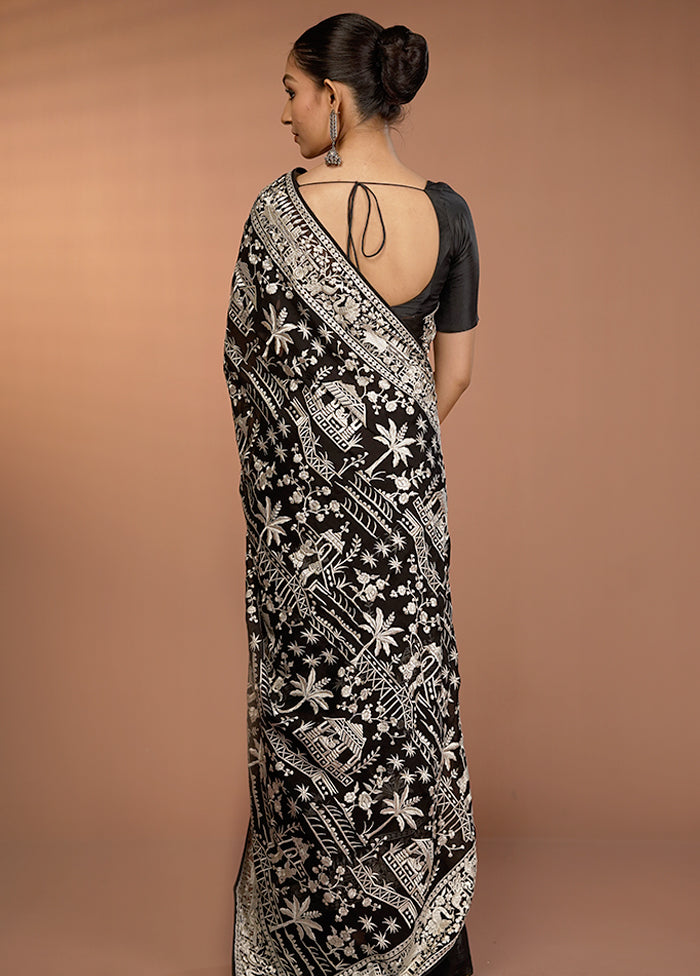 Black Handloom Pure Georgette Saree With Blouse Piece