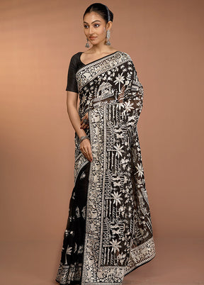 Black Handloom Pure Georgette Saree With Blouse Piece