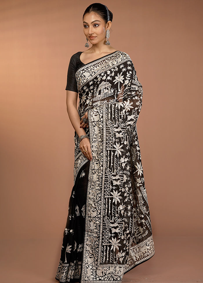 Black Handloom Pure Georgette Saree With Blouse Piece