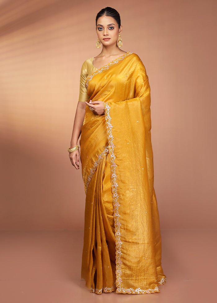 Yellow Handloom Tissue Pure Silk Saree With Blouse Piece