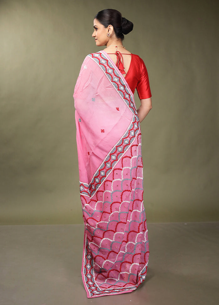 Pink Handloom Pure Georgette Saree With Blouse Piece