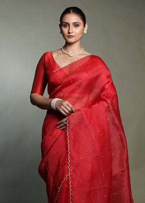 Red Handloom Pure Organza Saree With Blouse Piece