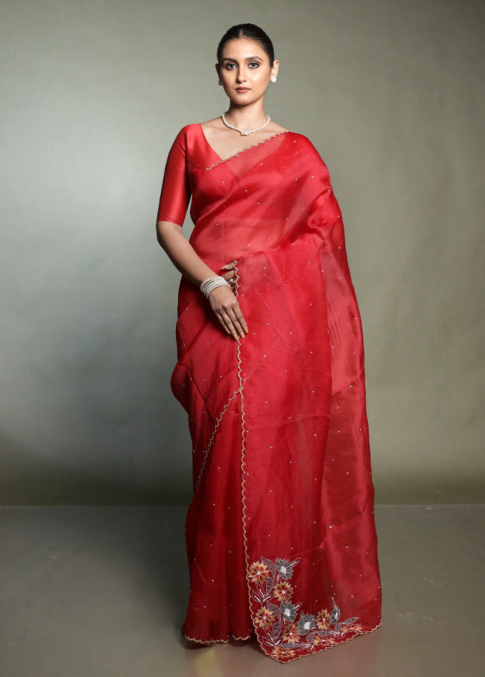 Red Handloom Pure Organza Saree With Blouse Piece