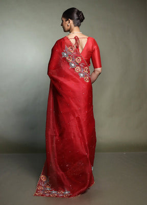 Red Handloom Pure Organza Saree With Blouse Piece