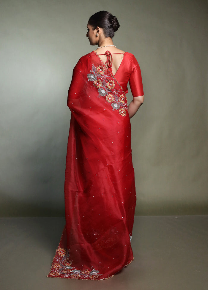 Red Handloom Pure Organza Saree With Blouse Piece