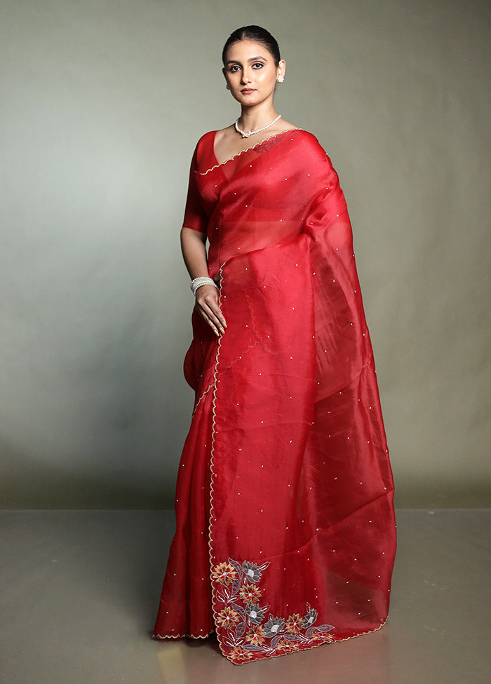 Red Handloom Pure Organza Saree With Blouse Piece