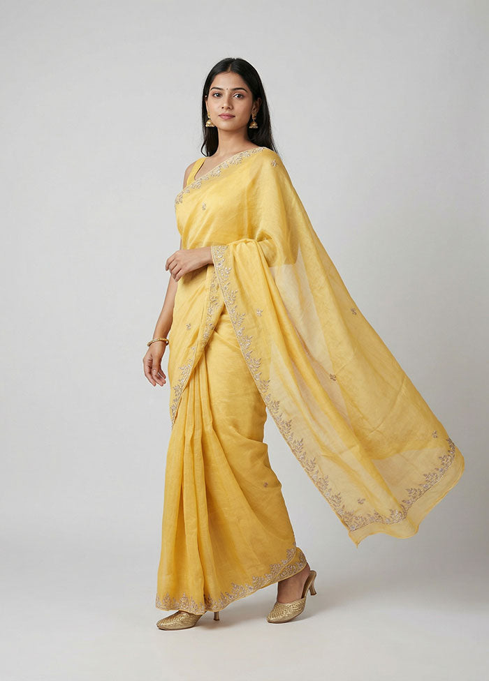Yellow Handloom Tussar Pure Silk Saree With Blouse Piece