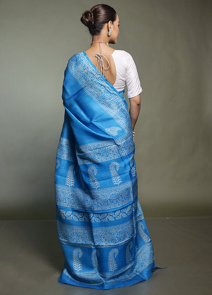 Blue Printed Pure Silk Saree Without Blouse Piece