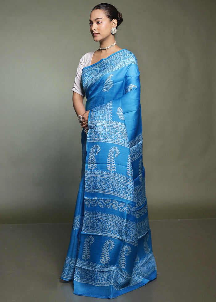Blue Printed Pure Silk Saree Without Blouse Piece