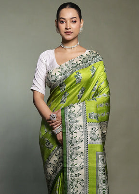 Green Printed Pure Silk Saree Without Blouse Piece