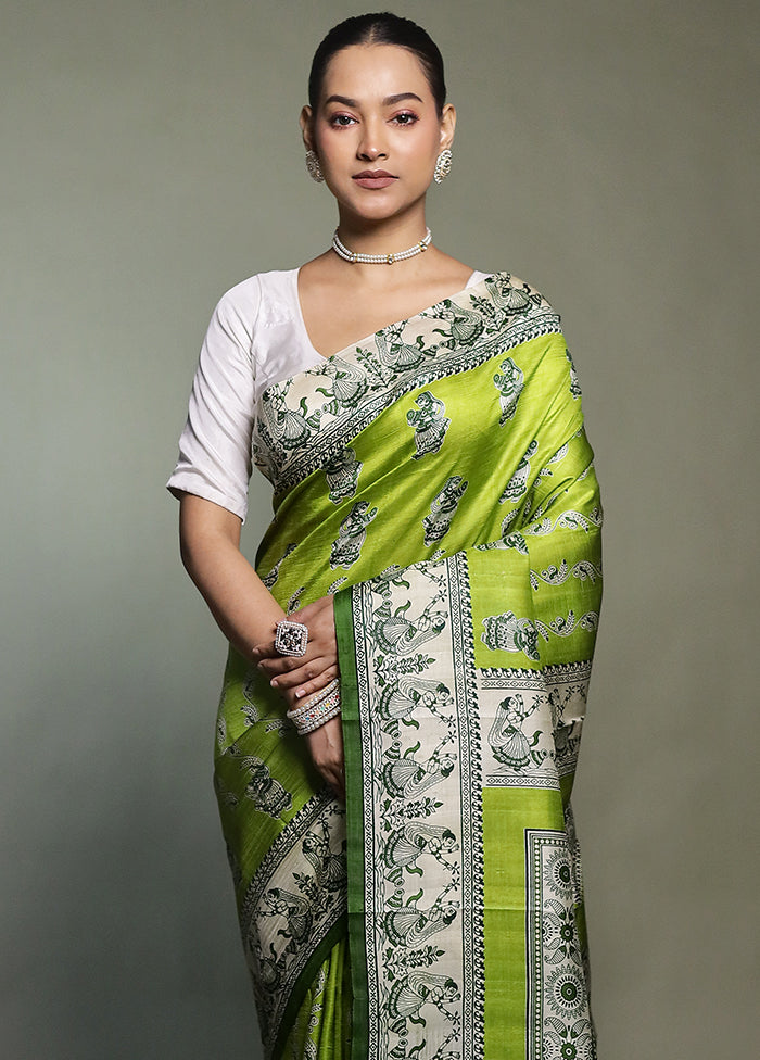 Green Printed Pure Silk Saree Without Blouse Piece