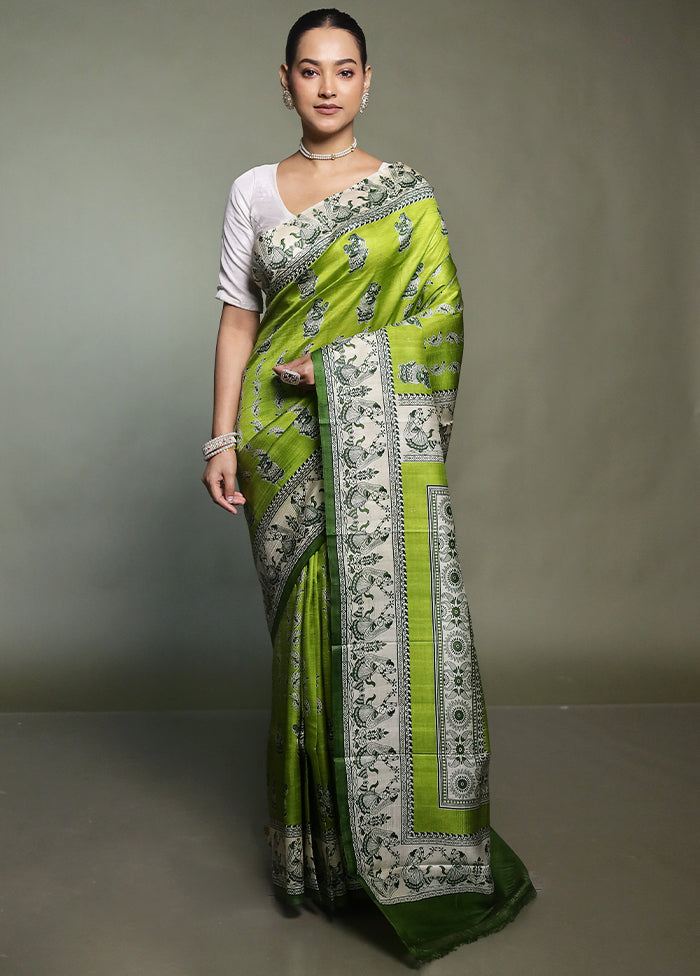 Green Printed Pure Silk Saree Without Blouse Piece
