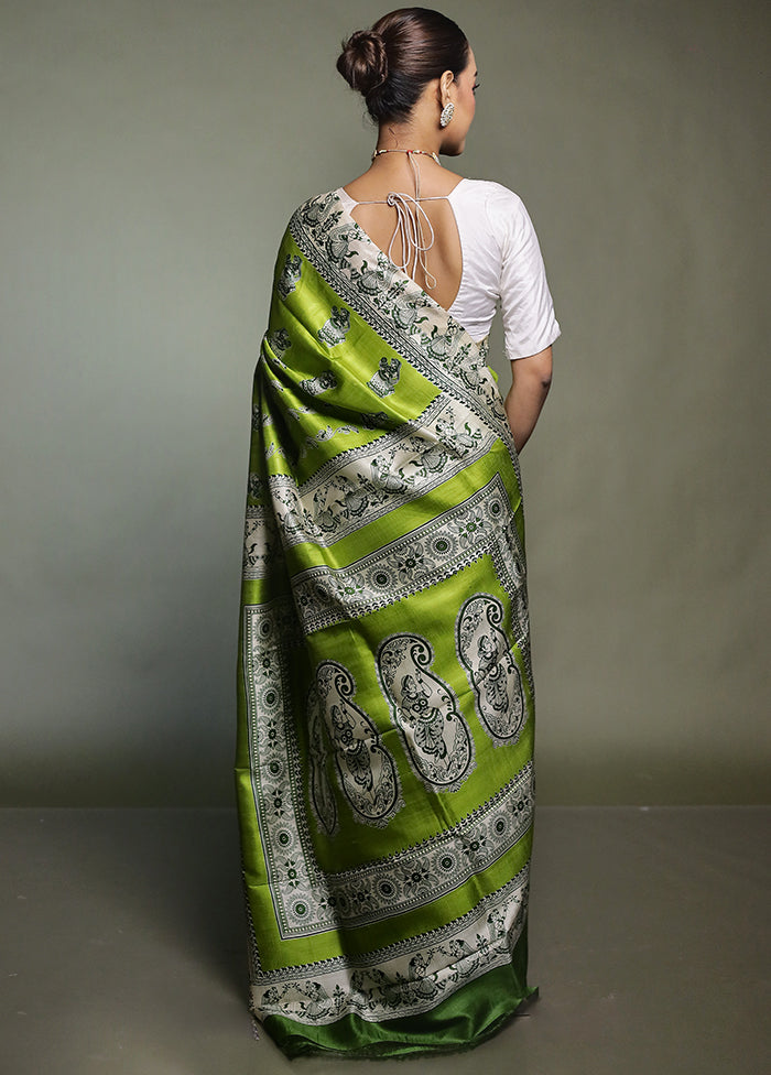 Green Printed Pure Silk Saree Without Blouse Piece