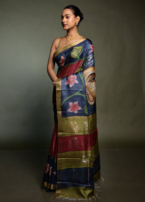 Purple Handloom Tussar Pure Silk Saree With Blouse Piece