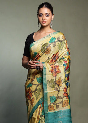 Yellow Handloom Tussar Pure Silk Saree With Blouse Piece