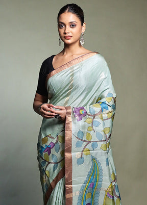 Blue Handloom Tussar Pure Silk Saree With Blouse Piece
