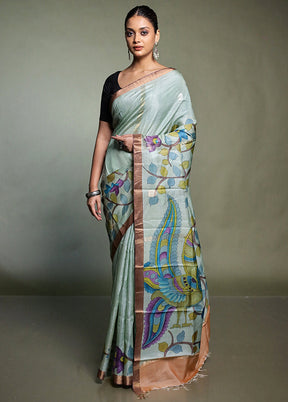 Blue Handloom Tussar Pure Silk Saree With Blouse Piece