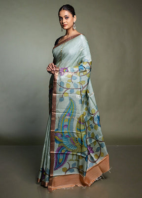 Blue Handloom Tussar Pure Silk Saree With Blouse Piece