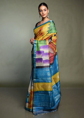 Cream Handloom Tussar Pure Silk Saree With Blouse Piece