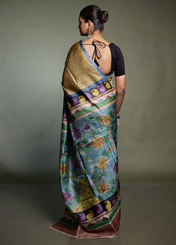 Blue Handloom Tussar Pure Silk Saree With Blouse Piece