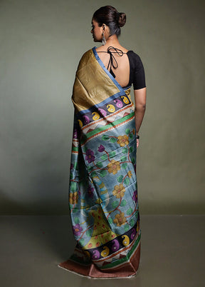 Blue Handloom Tussar Pure Silk Saree With Blouse Piece