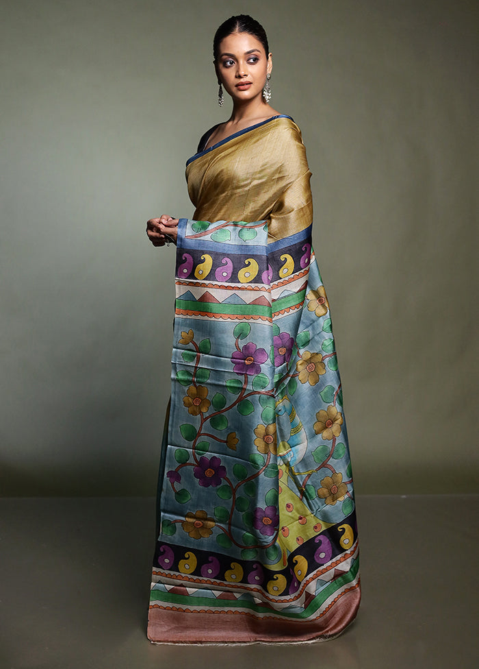 Blue Handloom Tussar Pure Silk Saree With Blouse Piece