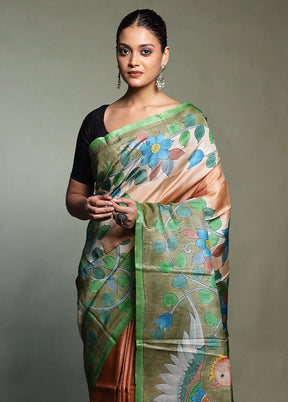 Cream Handloom Tussar Pure Silk Saree With Blouse Piece