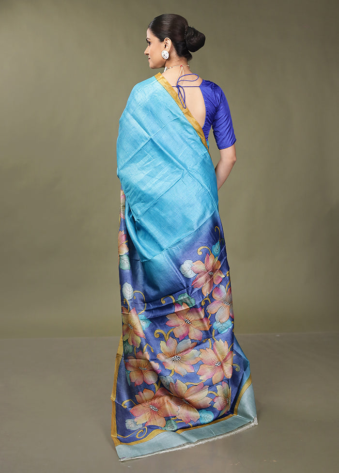 Blue Handloom Tussar Pure Silk Saree With Blouse Piece