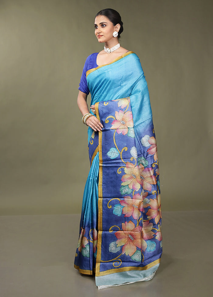 Blue Handloom Tussar Pure Silk Saree With Blouse Piece