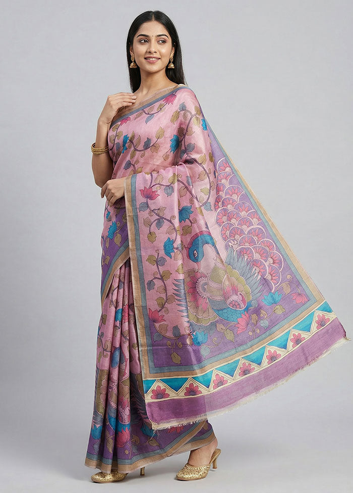 Pink Handloom Tussar Pure Silk Saree With Blouse Piece