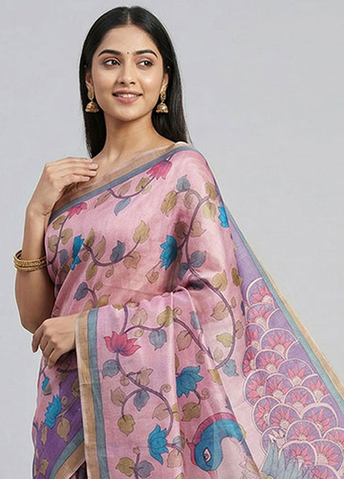 Pink Handloom Tussar Pure Silk Saree With Blouse Piece