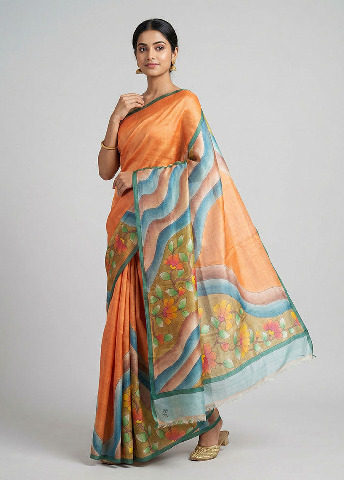 Multicolor Handloom Tussar Pure Silk Saree With Blouse Piece
