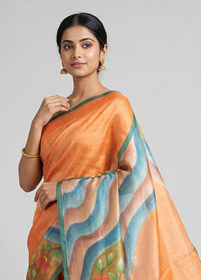 Multicolor Handloom Tussar Pure Silk Saree With Blouse Piece