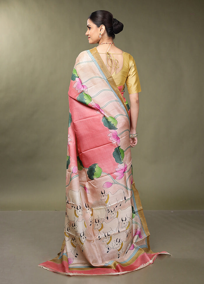 Multicolor Handloom Tussar Pure Silk Saree With Blouse Piece