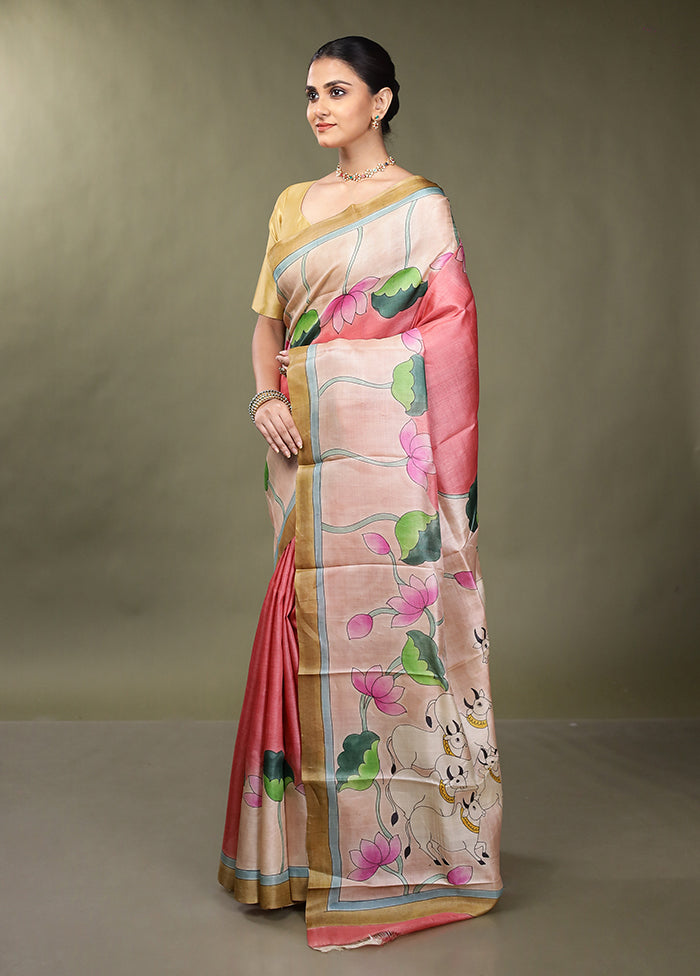 Multicolor Handloom Tussar Pure Silk Saree With Blouse Piece