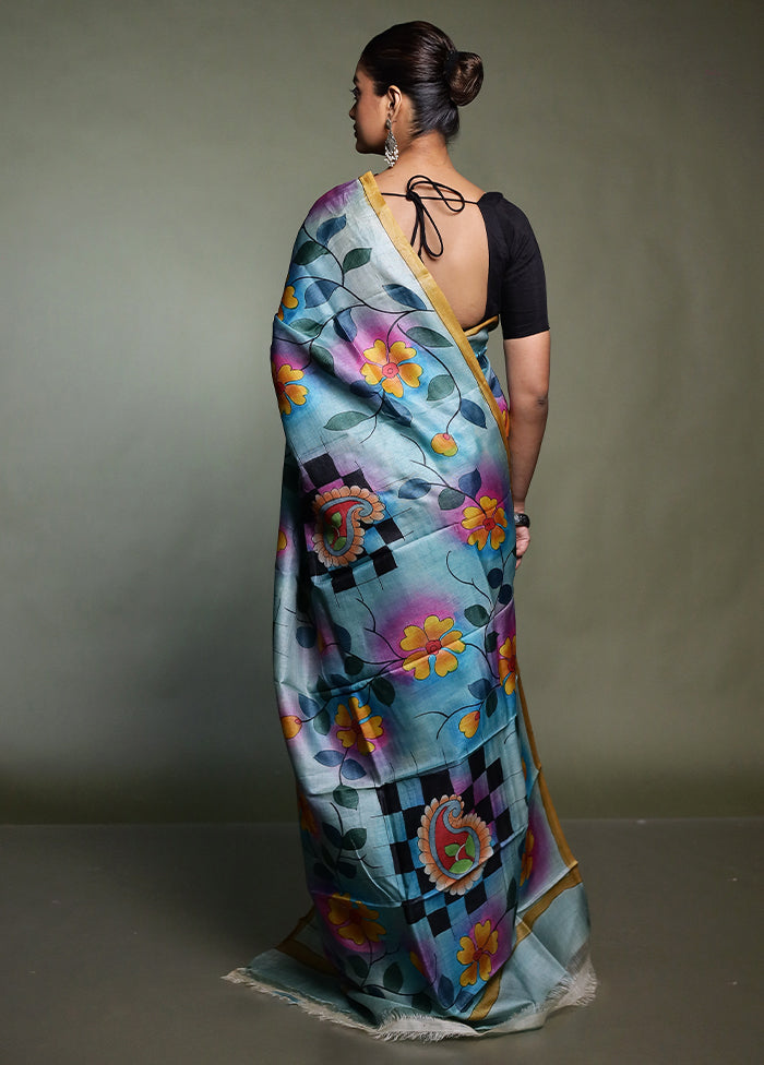 Multicolor Handloom Tussar Pure Silk Saree With Blouse Piece