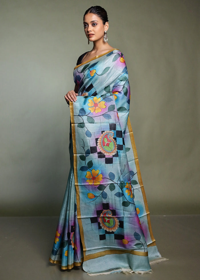 Multicolor Handloom Tussar Pure Silk Saree With Blouse Piece