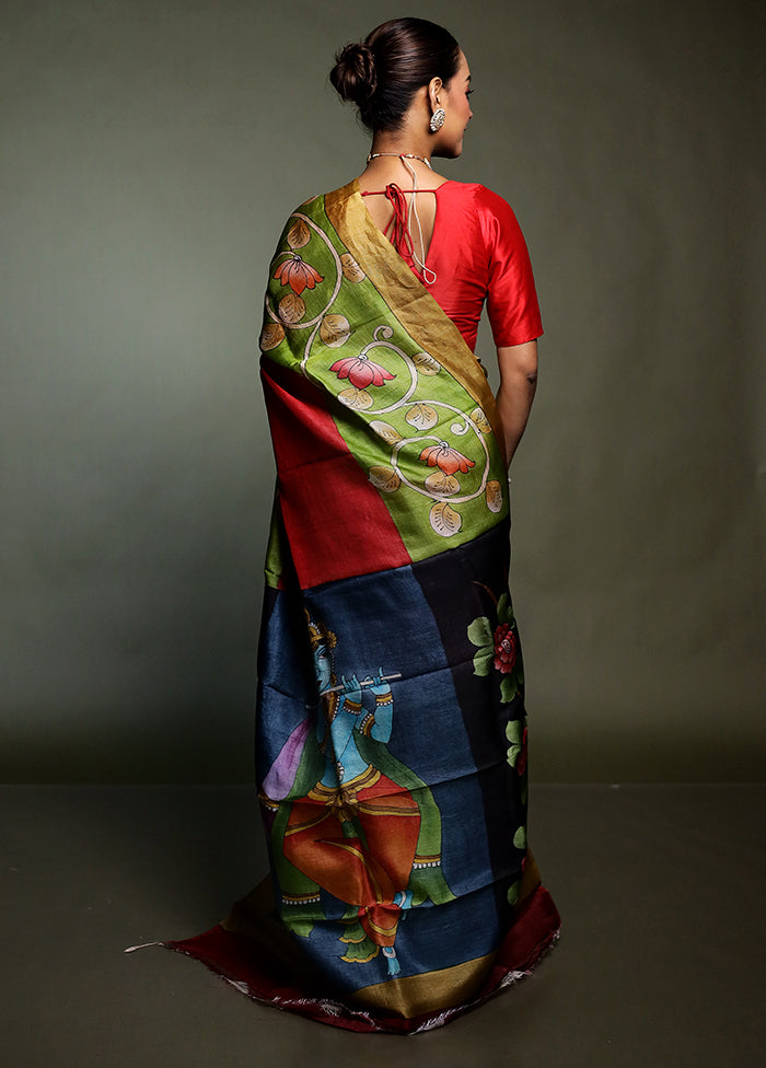 Multicolor Handloom Tussar Pure Silk Saree With Blouse Piece
