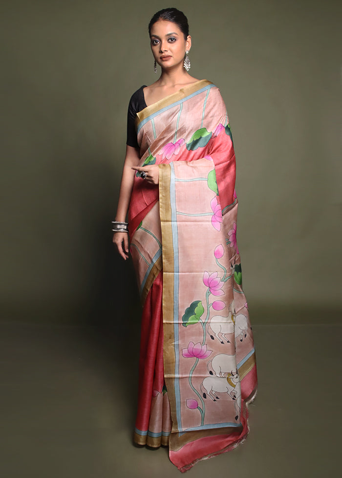 Multicolor Handloom Tussar Pure Silk Saree With Blouse Piece