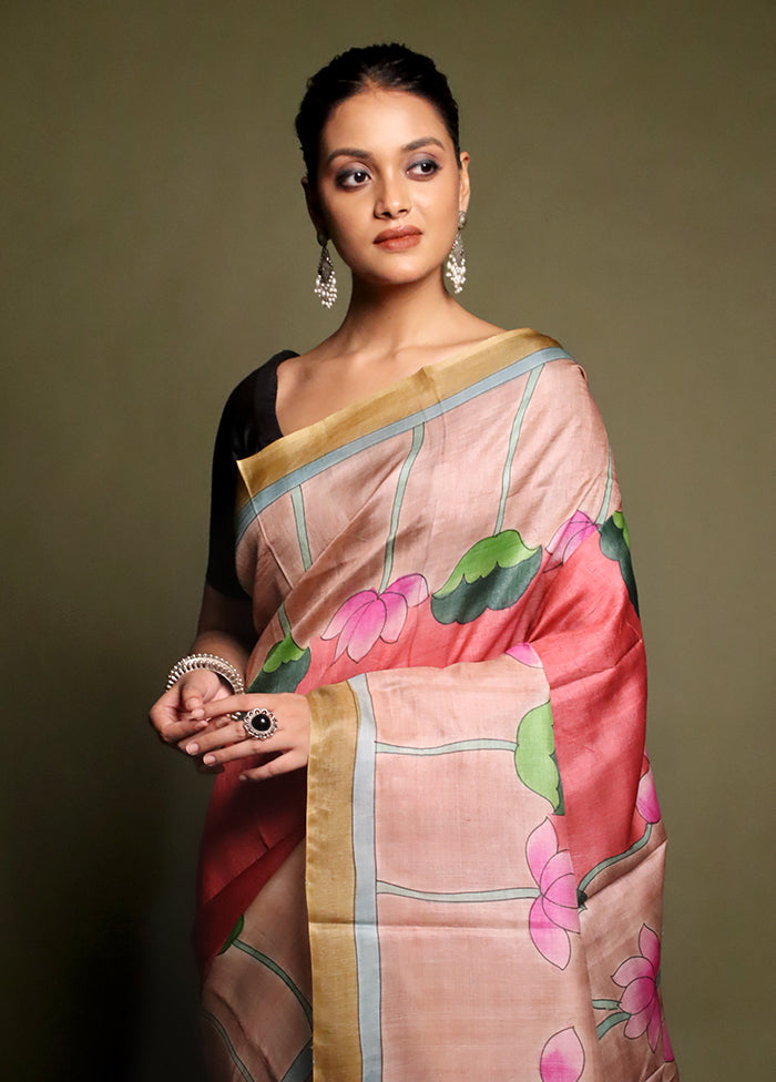 Multicolor Handloom Tussar Pure Silk Saree With Blouse Piece