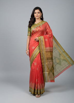 Red Printed Silk Saree Without Blouse Piece