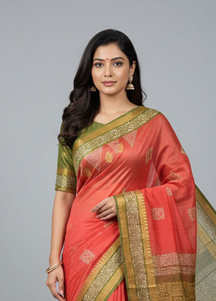 Red Printed Silk Saree Without Blouse Piece