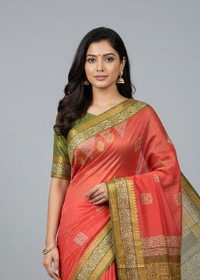 Red Printed Silk Saree Without Blouse Piece