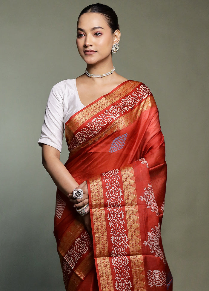 Red Printed Pure Silk Saree Without Blouse Piece