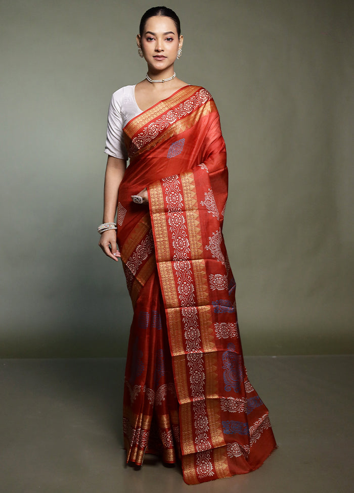 Red Printed Pure Silk Saree Without Blouse Piece