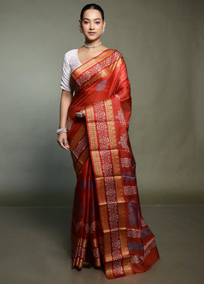 Red Printed Pure Silk Saree Without Blouse Piece